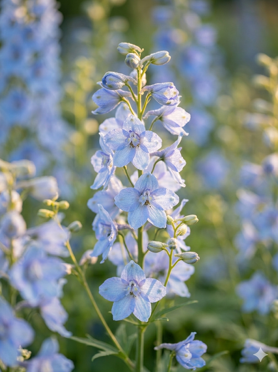 Jardin à l'Anglaise. Fleur de delphinium en macro