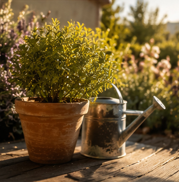 Romarin en pot terre cuite sur terrasse en bois et arrosoir zinc